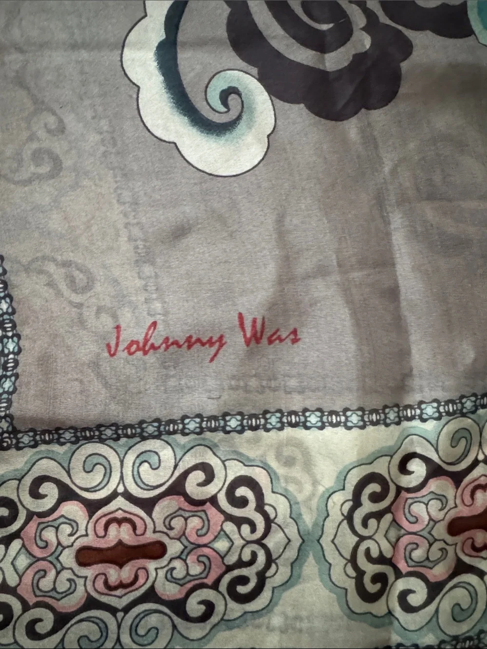 Johnny Was Silk Scarf Bird Peony 44” x44” Tasseled ends - Picture 2 of 5